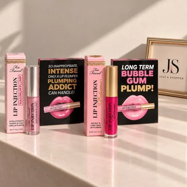 Too Faced Lip Injection pequeño: dos labiales voluminizadores con sus cajas rosa y negra