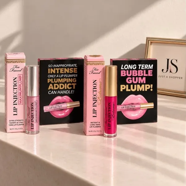 Too Faced Lip Injection pequeño: dos labiales voluminizadores con sus cajas rosa y negra